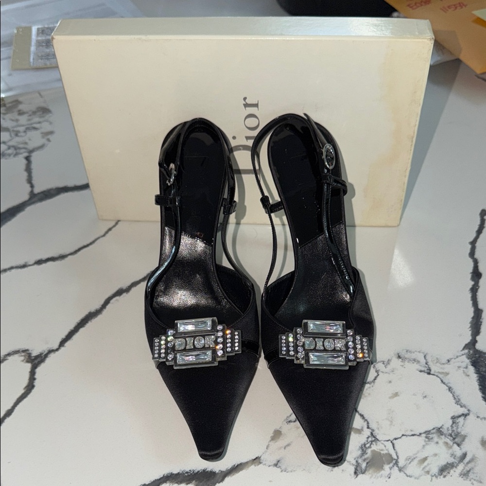 Auth NIN Dior Elegant Black Women's Shoes with Embellishments Sling Back Sz 41